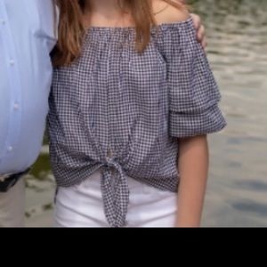 Black and white gingham off shoulder high-low top